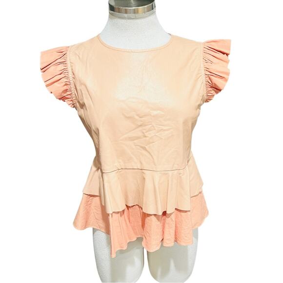 ZARA Peplum Blouse Faux Leather and Fabric Salmon Color  Size Small - Picture 2 of 8